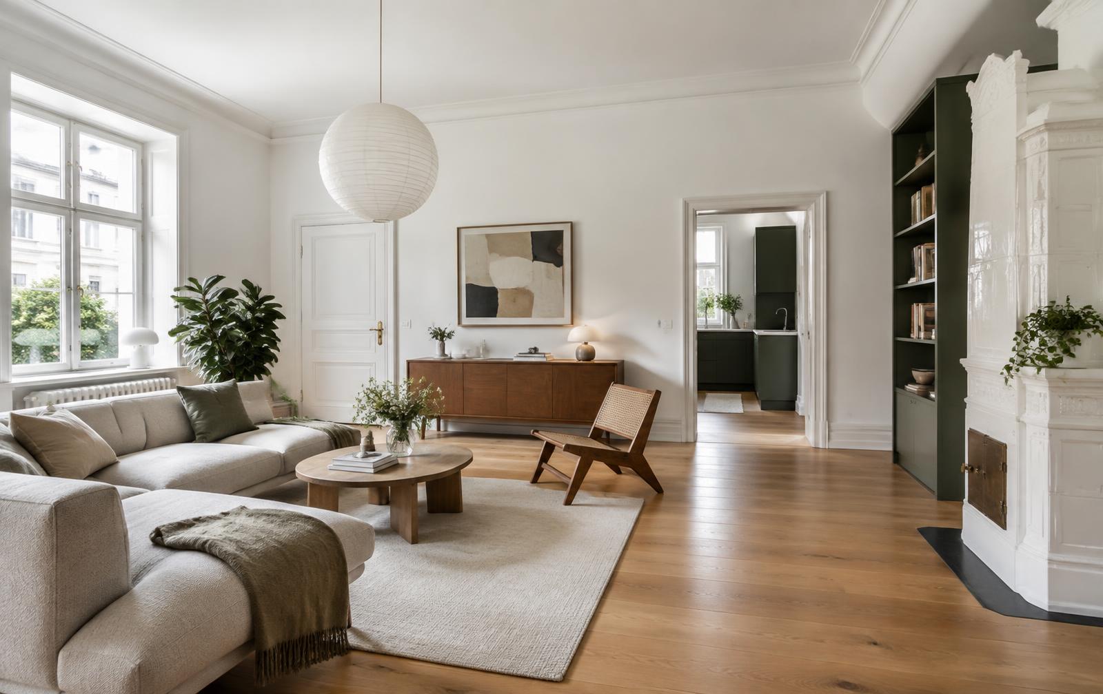 Wohnungssanierung in Wien: modern gestalteter Wohnraum einer Altbauwohnung (KI-Visualisierung)