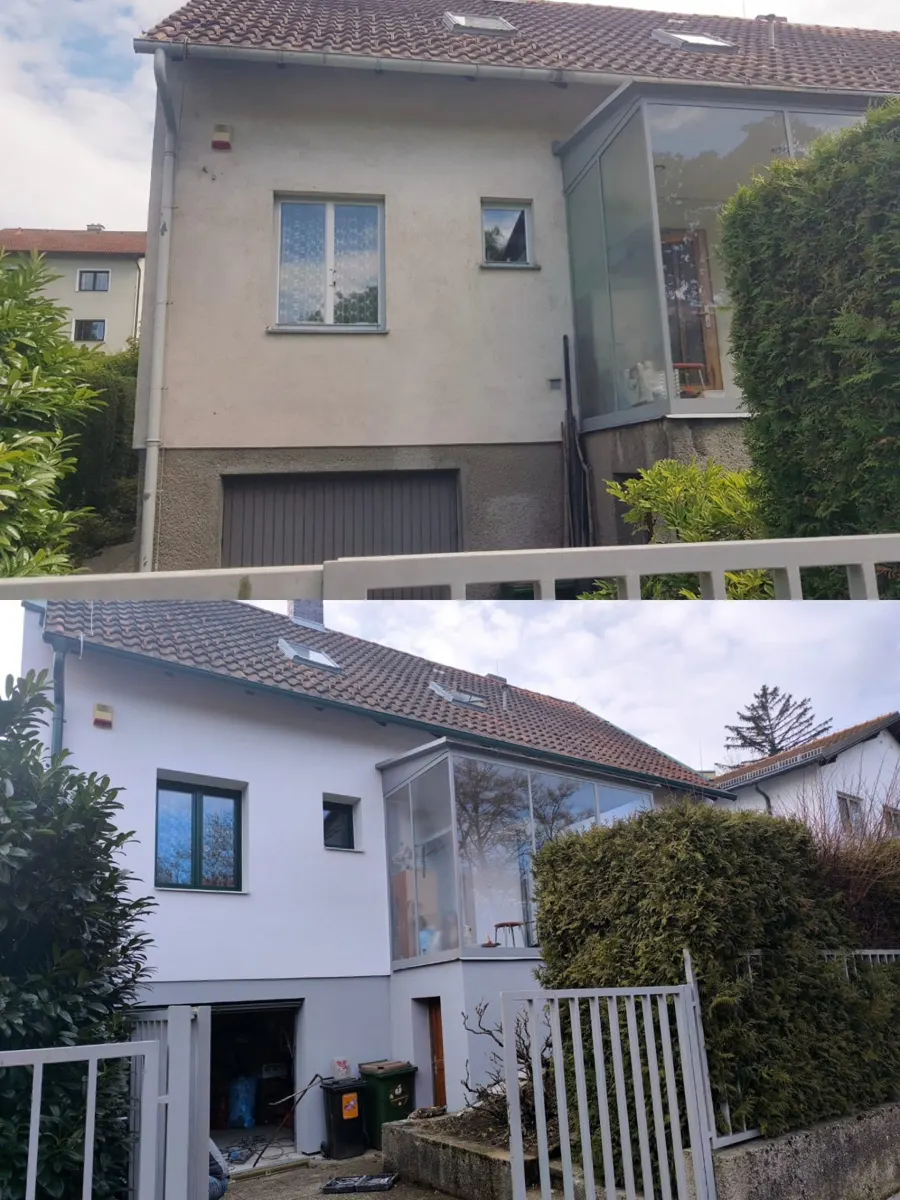 Biber Sanierung – Referenz thermische Sanierung: Fassadendämmung und Fenstertausch an einem Einfamilienhaus, vorher und nachher